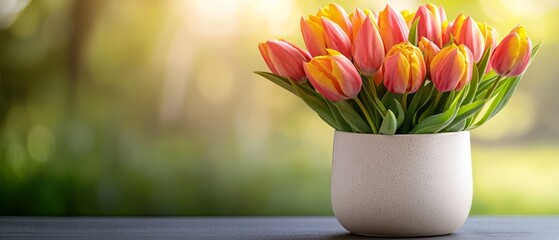  A clear background reveals a table with a white vase holding a bouquet of tulips