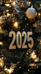 Wall Mural - The image features the year '2025' in shimmering gold, surrounded by Christmas garlands and lights on a dark festive background