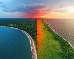 Canvas Print - Stunning Aerial View of Dramatic Coastline Sunset, Vibrant Beach Landscape, Lush Forest, Unique Water and Land Division, Captivating Orange and Blue Horizon