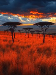 Canvas Print - Stunning African Savannah Sunset with Dramatic Skies and Silhouetted Acacia Trees in Vibrant Red Grasses Underneath Expansive Cloud-Laden Skies Captivating Nature Lovers