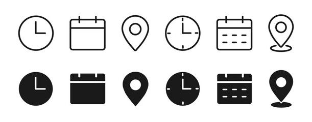 Wall Mural - time, date, address icon set in outline and fill style. clock, calendar, location symbols. sign busi