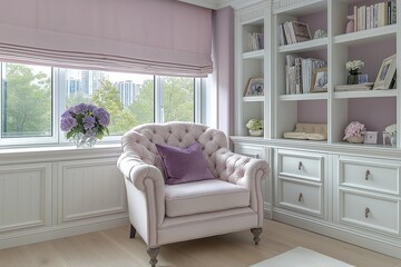 A cozy reading nook featuring a pastel pink armchair, soft lighting, built-in white bookshelves, and a view of greenery outside