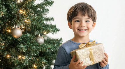 Wall Mural - Joyful child holding a christmas gift next to a decorated tree for holiday cards and prints