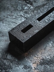 Black object with holes in it is sitting on a grey surface. The object appears to be a piece of metal or a block of stone. The grey surface suggests a cold, industrial or urban setting