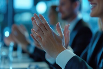 Wall Mural - Group of people are clapping in a room. Scene is celebratory and positive