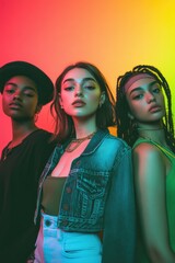 Three women are standing in front of a colorful background, with one wearing a black shirt and the other two wearing green shirts. The women are posing for a photo