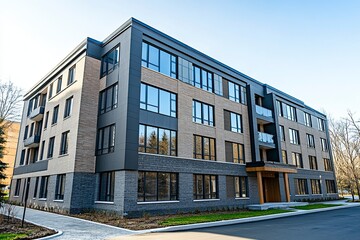 Exterior view of modern apartment building. New construction apartment or condo complex. Modern new residential apartment house building complex generative ai