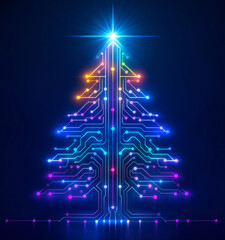 Wall Mural - neon circuit christmas tree glowing brightly on a dark background this festive season
