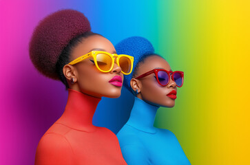 Two stylish women wearing colorful turtlenecks and sunglasses against a vibrant gradient background