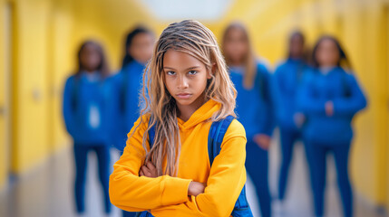 Young girl standing confidently in a school hallway with classmates in the background