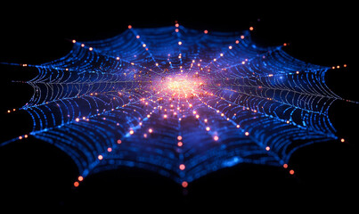 A spider web with a blue and orange glow. The spider web is a representation of a galaxy with stars and planets. The blue and orange colors represent the different elements in the galaxy