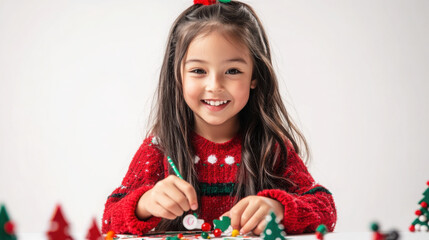 Festive crafting: young girl enjoys christmas art project in studio setting