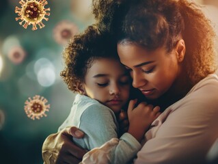 Woman is holding a child in her arms. The child is sleeping. The background has a virus