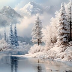 Wall Mural - Snowy forest with frozen river