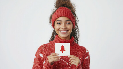 Festive holiday portrait of woman holding christmas card with red sweater design