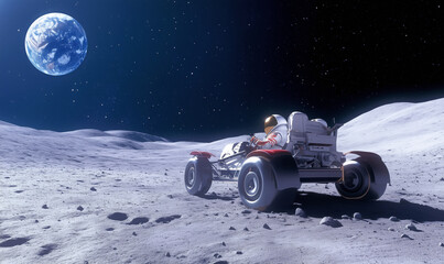 Wall Mural - an astronaut drives a lunar rover on the moon, with earth glowing in the distance