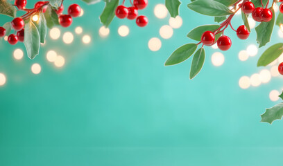 Wall Mural - Holly branches with red berries and soft white lights on a turquoise winter background
