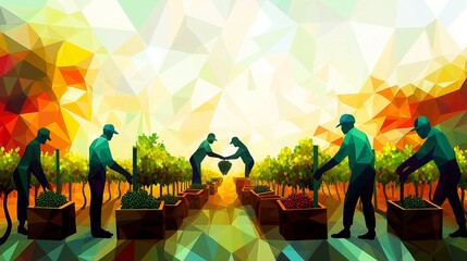 Stylized illustration featuring farm workers harvesting grapes, in red, green and yellow