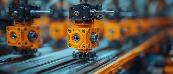Poster - Close-up of a Yellow and Black Machine Part Moving on a Conveyor Belt