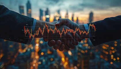 Poster - Business Handshake with Stock Market Chart Overlay Against City Lights