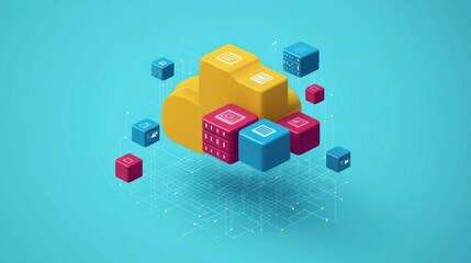 Poster - 3D Render of a Cloud Computing Network with Servers and Data Cubes