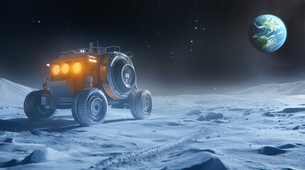 Wall Mural - exploration rover navigating the lunar surface with earth visible in the background at night