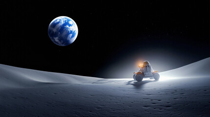 Wall Mural - a lunar rover explores the moon's surface under a distant view of earth in the night sky