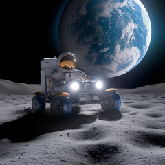 Wall Mural - astronaut driving a lunar rover on the moon's surface with earth in the background