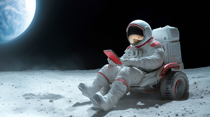 Wall Mural - an astronaut resting on a lunar rover while exploring the moon's surface at sunrise