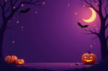 halloween banner with space for text, purple background, pumpkins, moon, tree, copy space