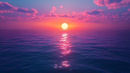 Wall Mural - sunset over a calm, vast ocean with pink-tinged clouds. suitable for peaceful themes, scenic backgro