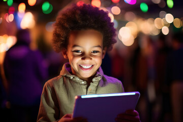 A child with a tablet, looking at the screen with interest. Bright colors, playing, studying, wondering. A happy moment of childhood