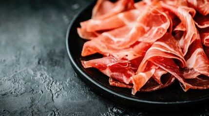 A black plate topped with thin slices of Jam Serrano, offering a rich, gourmet look with space for text or branding.