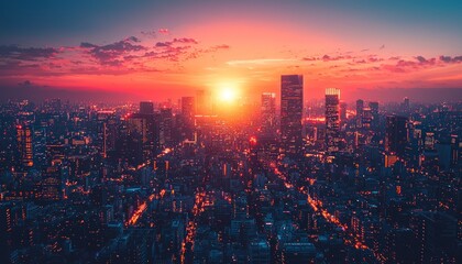 Fototapete - Cityscape with Sunset and Illuminated Buildings