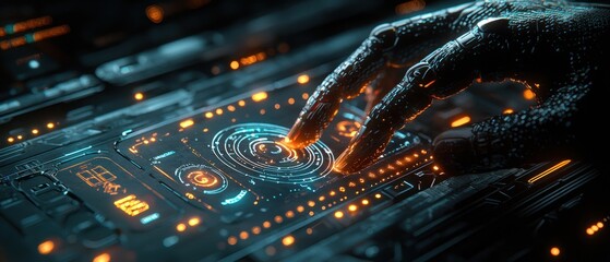 Aufkleber - Robotic Hand Interacting with a Futuristic Interface