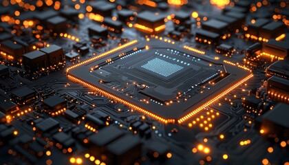 Poster - Illuminated Circuit Board with a Central Processor