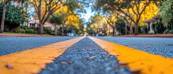 A Low Angle View of a Road with Double Yellow Lines in a Suburb