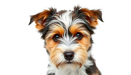 Shaggy Tri-Color Cute Dog Looking At Camera. Closeup Extracted on Transparent Background isolated with white highlights, png