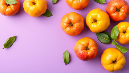 Wall Mural - Colorful fruit pattern of fresh quinces on purple background isolated with white highlights, png
