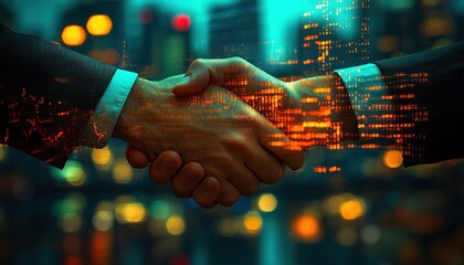 Poster - Two Hands Shaking with a Digital Overlay of City Lights and Code