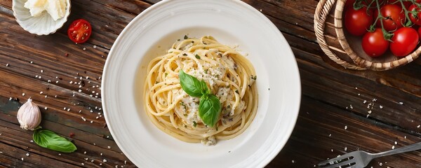 Delicious spaghetti topped with creamy sauce and fresh basil served on a rustic wooden table with cherry tomatoes and garlic