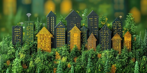 Poster - A City of Buildings Emerging from a Lush Green Forest