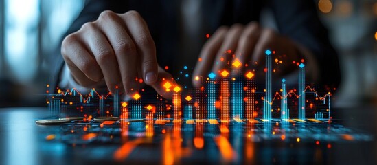 Aufkleber - Hand Interacting with a Digital Stock Market Graph with Coins in Foreground