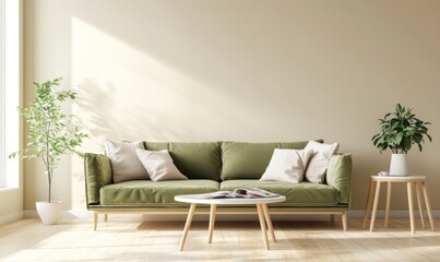 A living room with a green couch and a white coffee table