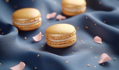 Three macarons with gold and white frosting on a blue background