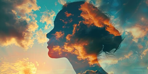 Wall Mural - Woman's silhouette is shown against a backdrop of clouds and a sunset. Concept of mystery and introspection, as the woman's face is obscured by the clouds. The warm colors of the sunset and the soft