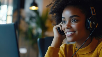 Sticker - Woman wearing headphones is sitting in front of a computer screen, smiling and looking happy. She is enjoying her time, possibly listening to music or an audio file