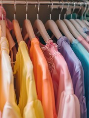 Rack of clothes with a variety of colors including yellow, pink, and purple. The clothes are hanging on a white hanger