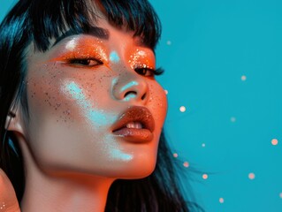 Woman with orange eyeshadow and red lipstick is standing in front of a blue background. The image has a bright and lively mood, with the woman's makeup