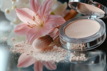 Loose powder compact gently spilling onto a reflective surface with a flower and makeup brush nearby